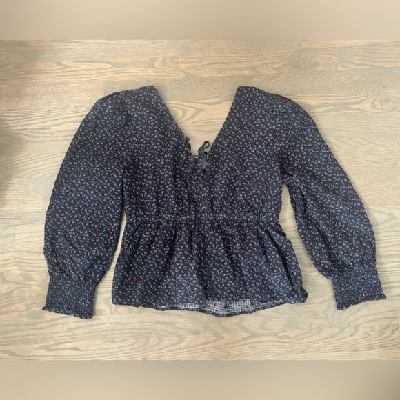 Madewell Blue Tie-Back Peplum Top in Campden Daisies size medium 100% cotton - Picture 8 of 9